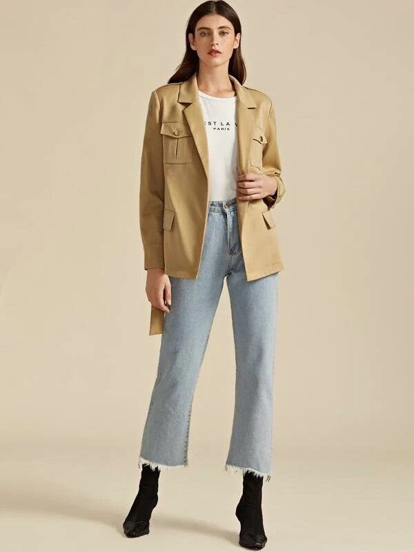 CM-CS007395 Women Casual Seoul Style Notch Collar Flap Pocket Front Self Belted Blazer - Khaki