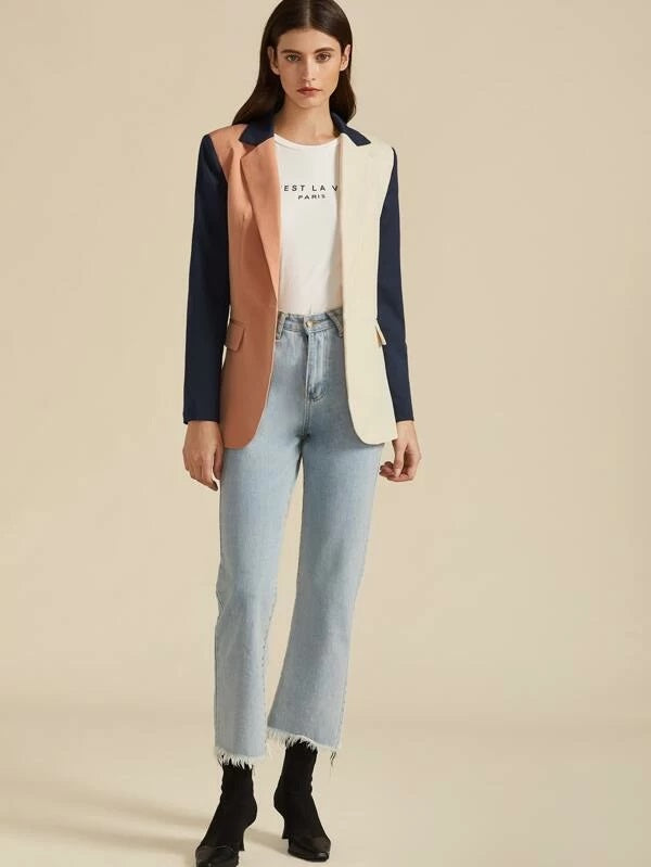 CM-CS009241 Women Elegant Seoul Style Long Sleeve Notch Collar Colorblock Single Button Blazer