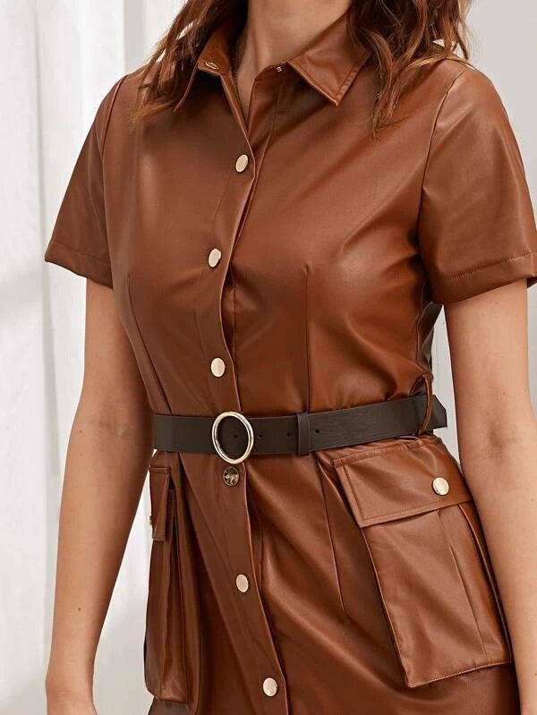 CM-DS930735 Women Elegant European Style Double Pocket Belted PU Shirt Dress - Camel