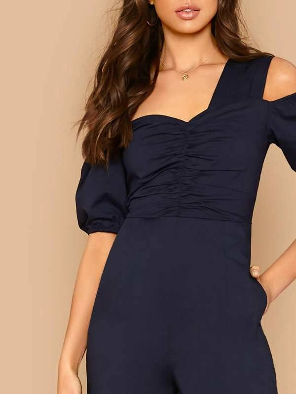 CM-JS918780 Women Elegant Seoul Style Asymmetrical Neck Ruched Front Wide Leg Jumpsuit - Navy Blue