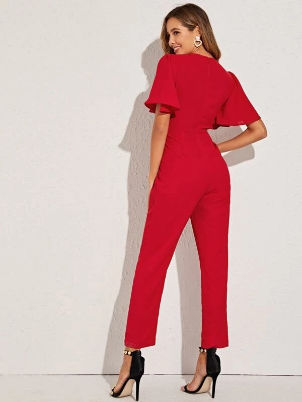 CM-JS807068 Women Elegant Seoul Style Shawl Collar Butterfly Sleeve Jumpsuit - Red