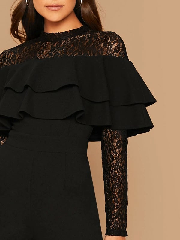 CM-JS925535 Women Elegant Seoul Style Long Sleeve Lace Layered Flounce Wide Leg Jumpsuit - Black