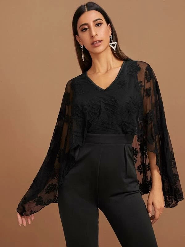 CM-JS011521 Women Elegant Seoul Style V-Neck Floral Embroidery Mesh Cape Jumpsuit - Black