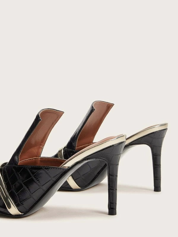 CM-SHS916053 Women Elegant Seoul Style Croc Embossed Metal Decor Stiletto Heels - Black