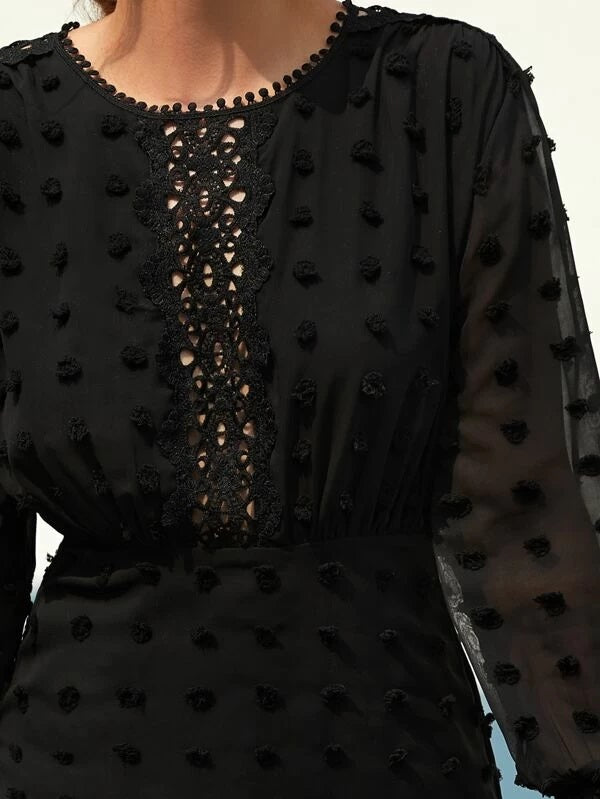 CM-DS015995 Women Elegant European Style Dot Guipure Lace Hem Fitted Chiffon Dress - Black