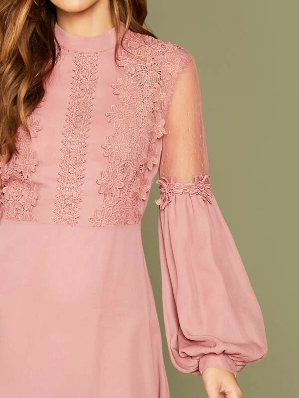 CM-DS911331 Women Elegant Seoul Style Guipure Lace Detail Mesh Insert Lantern Sleeve Dress - Pink