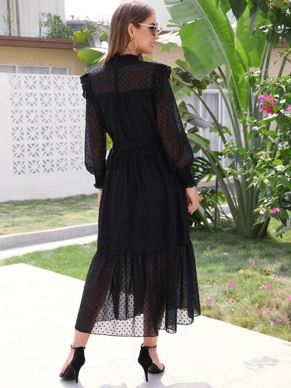 CM-DS016671 Women Elegant Seoul Style Long Sleeve Shirred Cuff Ruffle Trim Belted Dress - Black