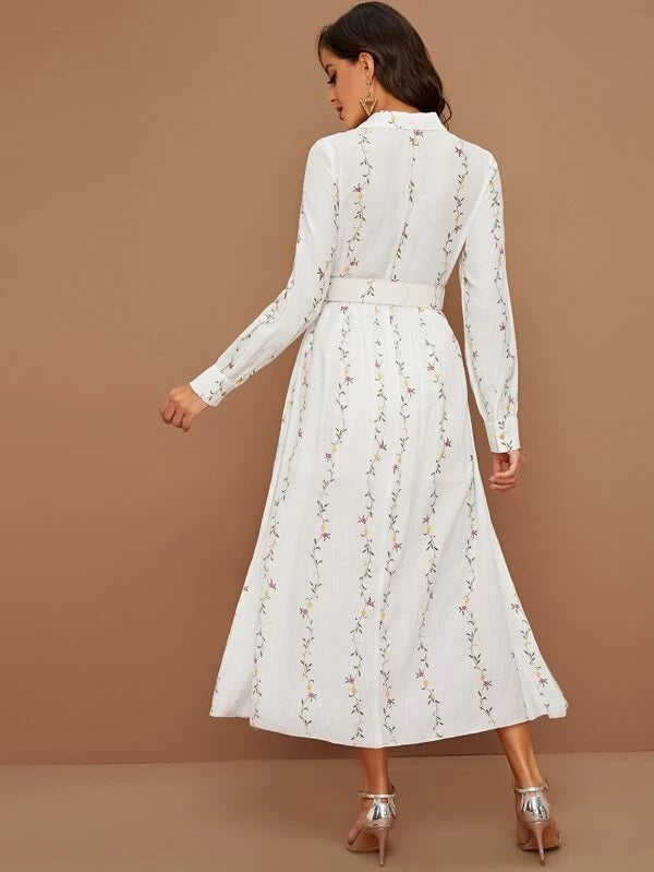 CM-DS016796 Women Elegant Seoul Style Long Sleeve Floral Print Belted Shirt Dress - White
