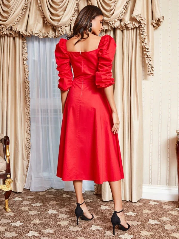 CM-DS911521 Women Elegant Seoul Style Sweetheart Neck Puff Sleeve Flared Long Dress - Red