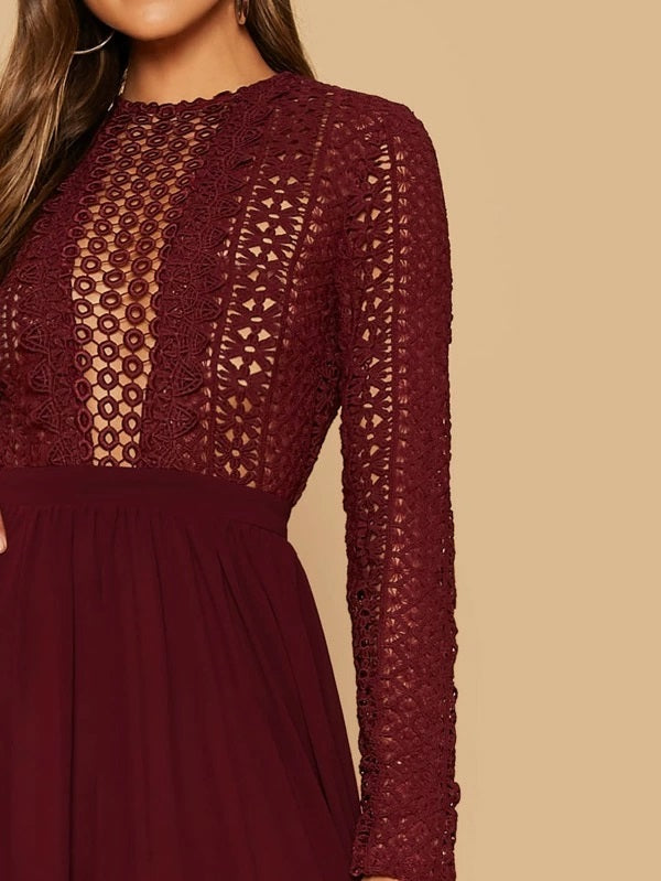 CM-DS923843 Women Elegant Seoul Style Long Sleeve Guipure Lace Bodice Split Dress - Wine Red