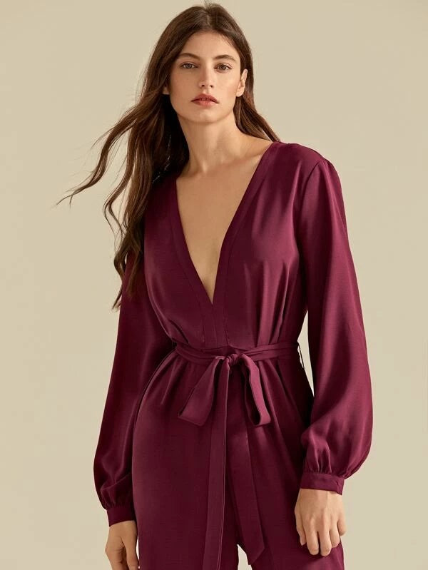 CM-JS925337 Women Casual Seoul Style Plunge Neck Cut-Out Back Belted Jumpsuit - Wine Red