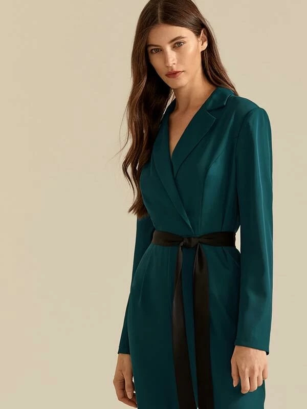 CM-JS008877 Women Elegant Seoul Style Long Sleeve Notched Collar Belted Shirt Jumpsuit - Green