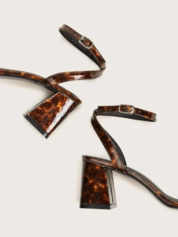 CM-SHS018231 Women Elegant Seoul Style Graphic Ankle Strap Chunky Heels - Brown