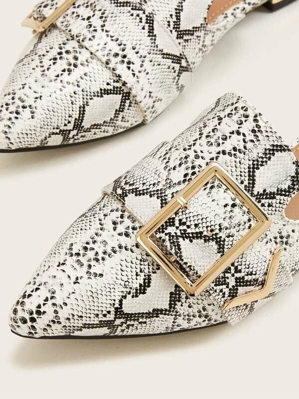 CM-SHS018707 Women Casual Seoul Style Buckle Decor Snakeskin Loafers Mules