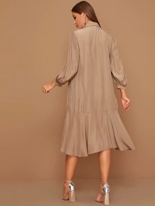 CM-DS021531 Women Casual Seoul Style Long Sleeve Button Front Ruffle Hem Shirt Dress - Khaki