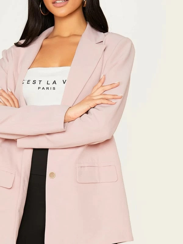 CM-CS923046 Women Elegant Seoul Style Notch Collar Flap Pocket Front Single Breasted Blazer - Pink