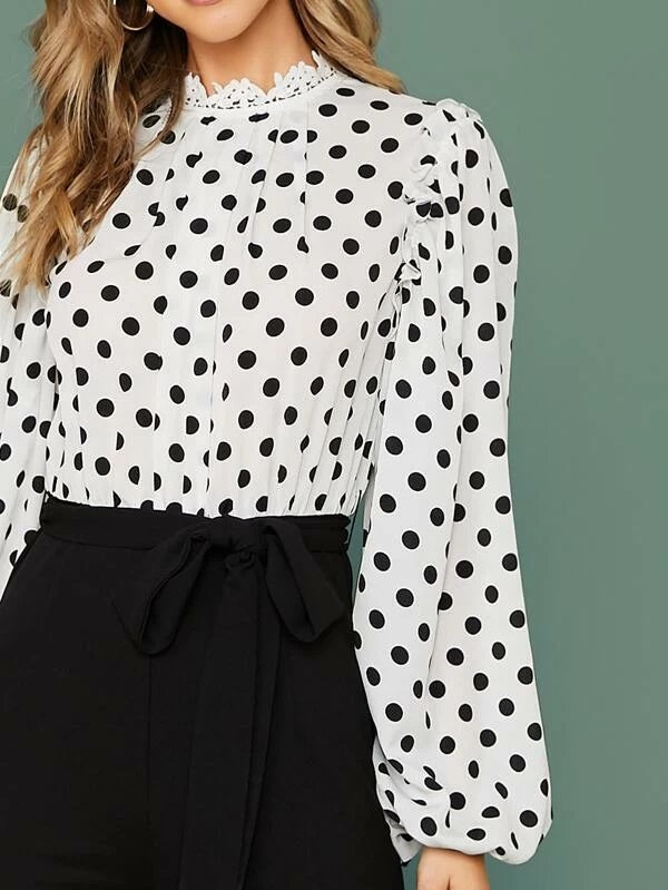 CM-JS925186 Women Elegant Seoul Style Lace Trim Neck Lantern Sleeve Pleated Jumpsuit