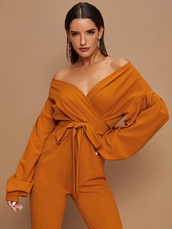 CM-JS010680 Women Elegant Seoul Style Surplice Neck Lantern Sleeve Self Belted Jumpsuit - Yellow