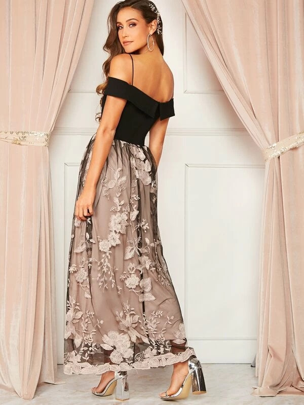 CM-DS903529 Women Elegant Seoul Style Cold Shoulder Floral Embroidery Mesh Combo Dress