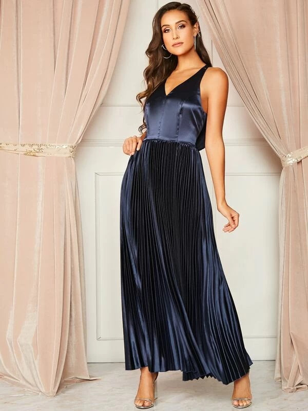 CM-DS926532 Women Elegant European Style V-Neck Tied Backless Pleated Satin Dress - Navy Blue