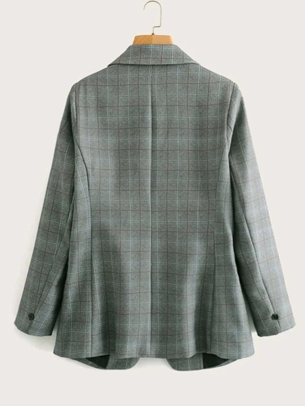 CM-CS022450 Women Elegant Seoul Style Long Sleeve Single Button Dual Pockets Plaid Blazer - Gray
