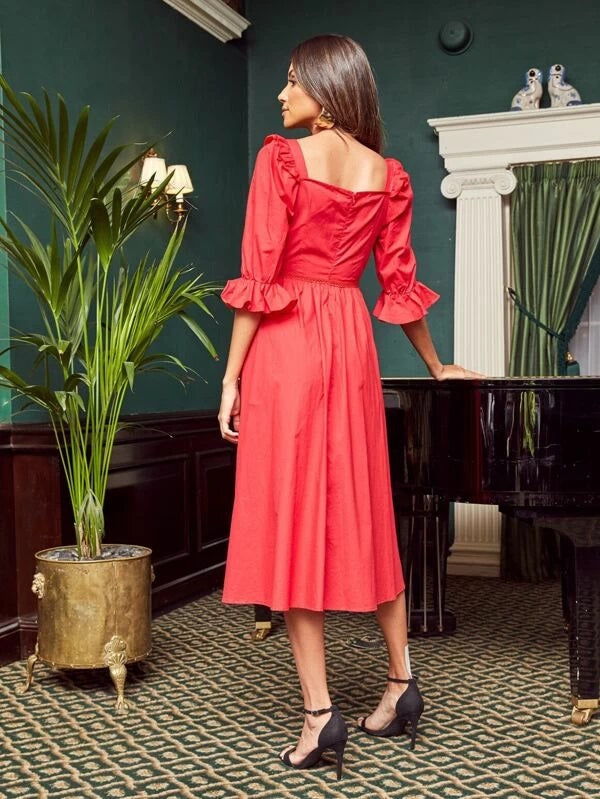 CM-DS918389 Women Elegant Seoul Style Sweetheart Lace Trim Ruffle Cuff Puff Sleeve Dress - Red