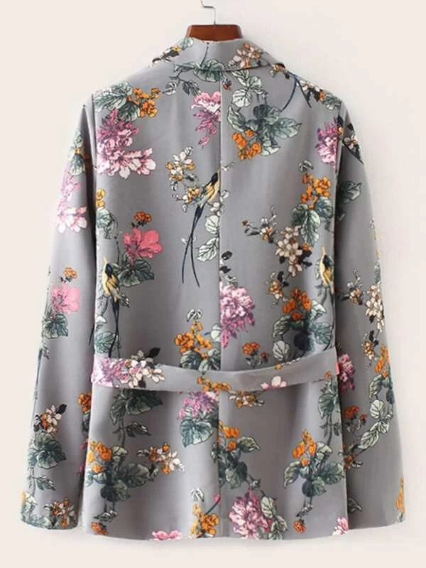 CM-CS023697 Women Elegant European Style Lapel Collar Floral Graphic Belted Blazer - Gray