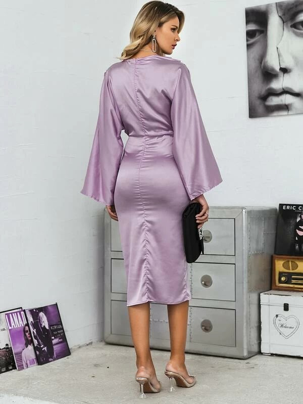 CM-DS024735 Women Elegant Seoul Style V-Neck Kimono Sleeve Satin Bodycon Dress - Purple