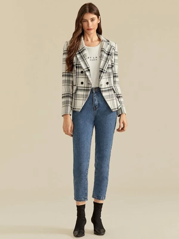 CM-CS007774 Women Elegant European Style Long Sleeve Buttoned Notched Collar Plaid Blazer