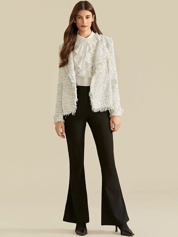 CM-CS813178 Women Elegant European Style Long Sleeve Collared Frayed Trim Tweed Blazer - Beige