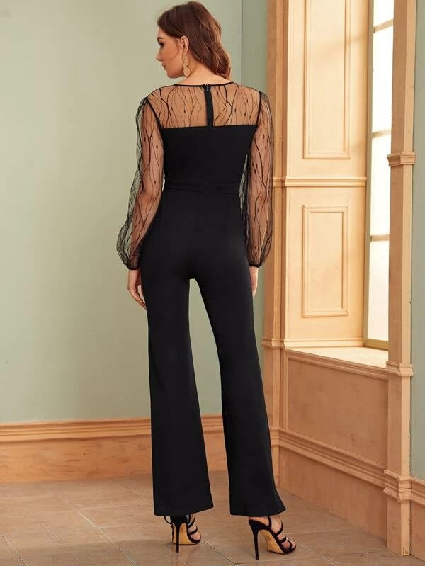 CM-JS919378 Women Elegant Seoul Style Bishop Sleeve Mesh Yoke Flare Leg Jumpsuit - Black