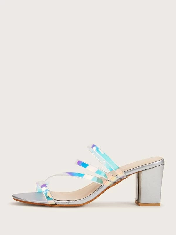 CM-SHS025648 Women Casual Seoul Style Holographic Strappy Chunky Heeled Mules