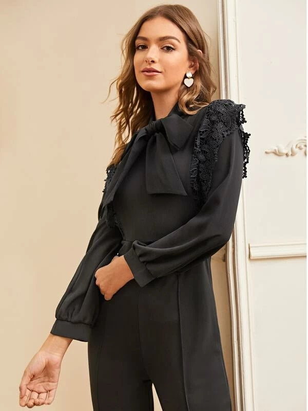 CM-JS028426 Women Trendy Seoul Style Tie Neck Long Sleeve Lace Zip Back Jumpsuit - Black