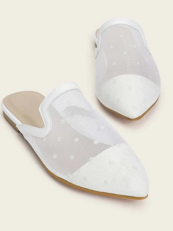 CM-SHS028150 Women Casual Seoul Style Contrast Mesh Point Toe Flat Mules - White