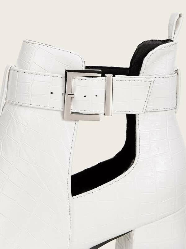 CM-SHS028526 Women Elegant Seoul Style Buckle Decor Point Toe Chunky Boots - White