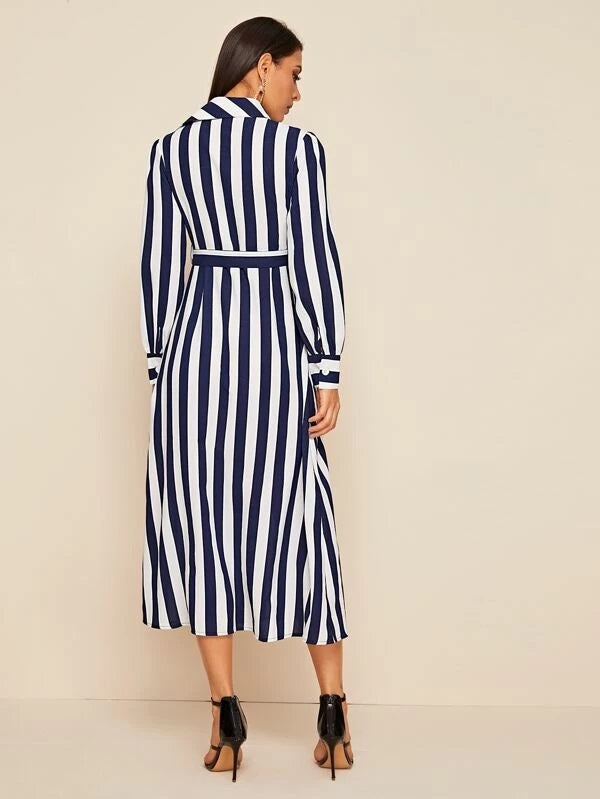 CM-DS029201 Women Casual Seoul Style Long Sleeve Button Front Striped Belted Shirt Dress - Navy Blue