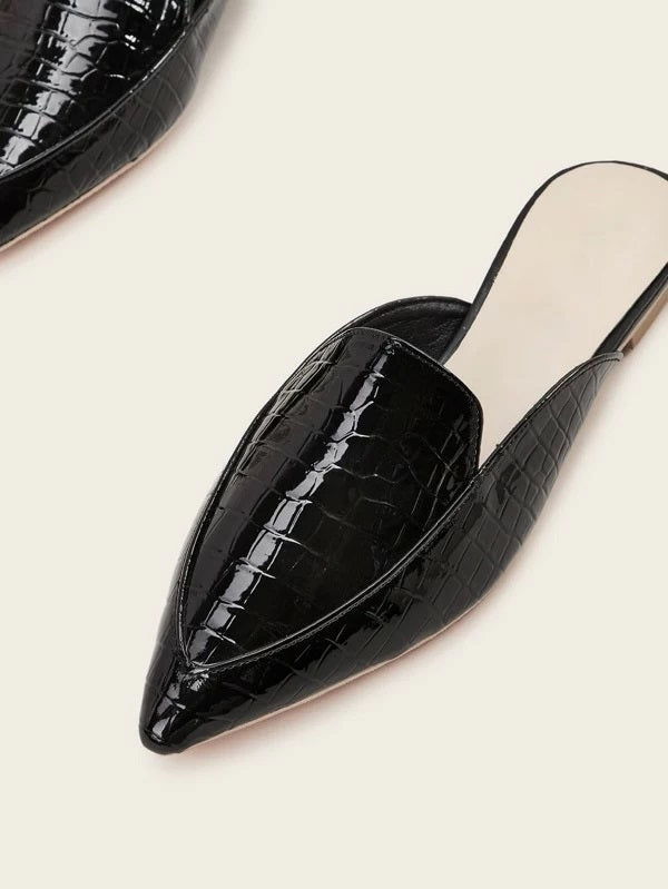 CM-SHS029013 Women Trendy Seoul Style Point Toe Croc Embossed Flat Mules - Black