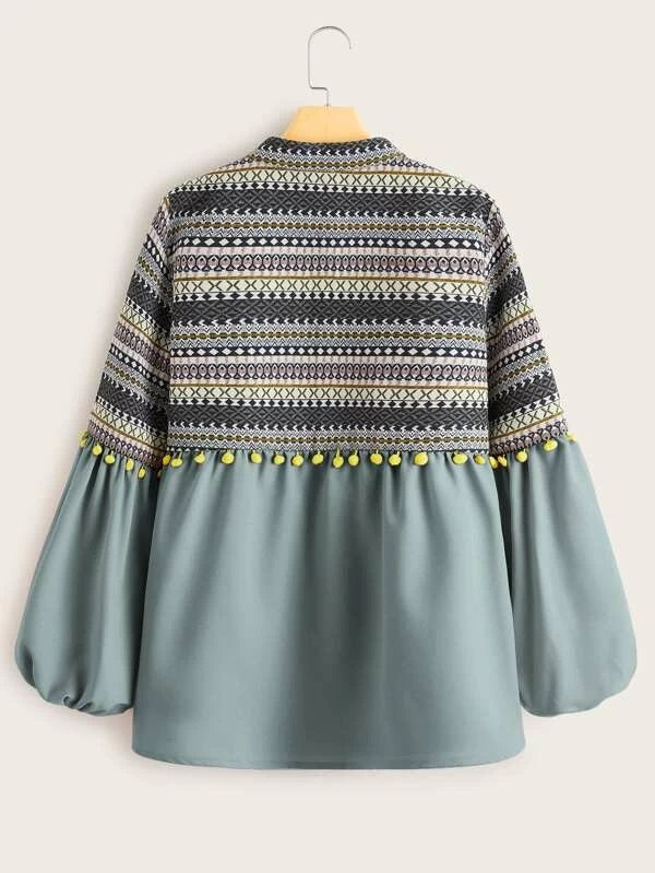 CM-CS029643 Women Trendy European Style Tribal Print Bishop Sleeve Coat - Blue