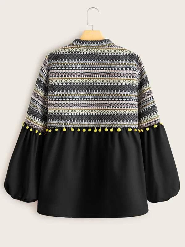 CM-CS029992 Women Trendy European Style Tribal Print Bishop Sleeve Coat - Black