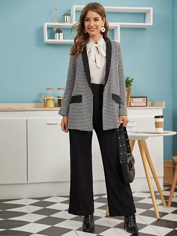 CM-CS029899 Women Elegant Seoul Style Long Sleeve Houndstooth Print Shawl Collar Blazer