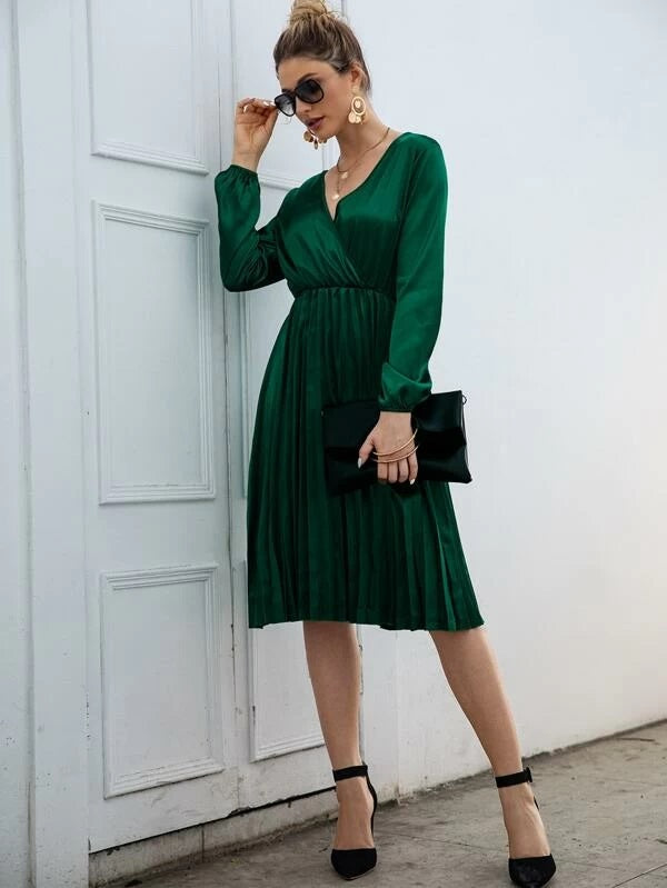 CM-DS029339 Women Elegant Seoul Style Long Sleeve Solid Surplice Pleated Hem Satin Dress - Green