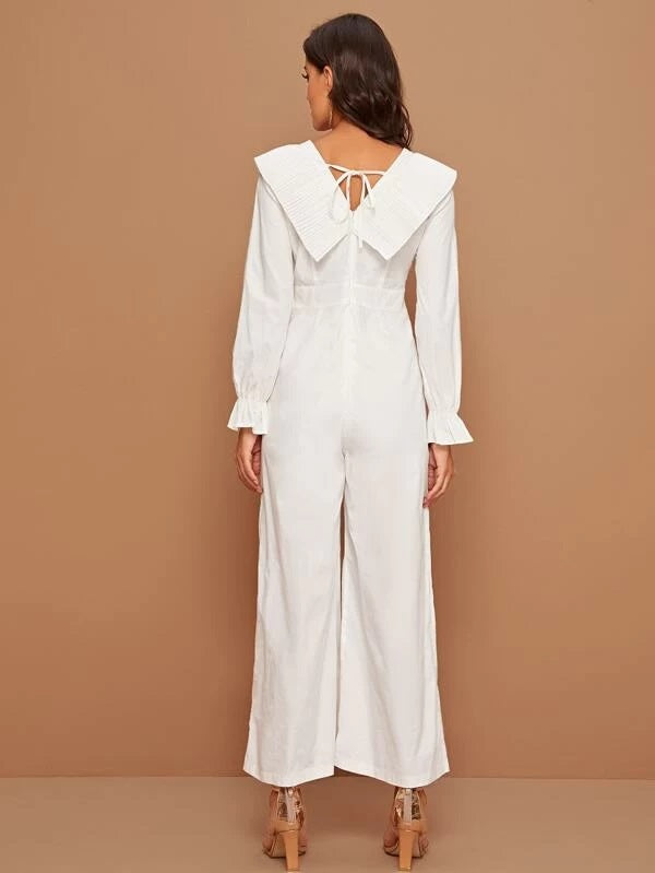 CM-JS030339 Women Elegant Seoul Style Surplice Front Pleated Ruffle Culotte Jumpsuit - White