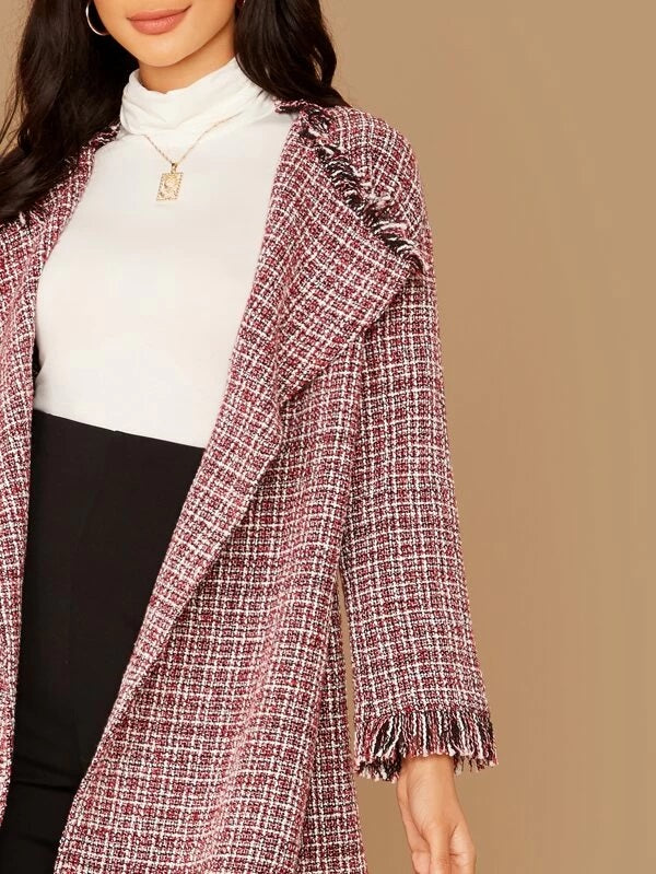 CM-CS010714 Women Elegant Seoul Style Long Sleeve Collared Frayed Trim Plaid Tweed Coat - Wine Red