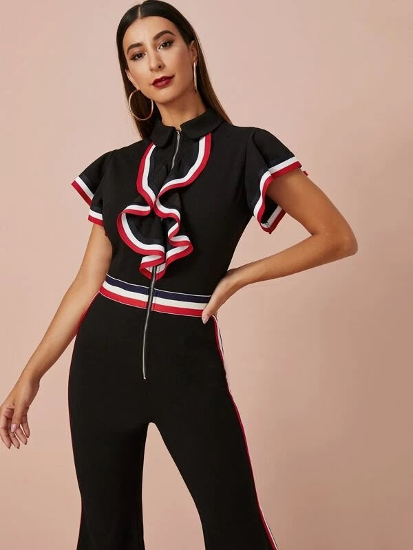 CM-JS917339 Women Elegant Seoul Style Zip Up Ruffle Trim Striped Tape Flare Leg Jumpsuit - Black