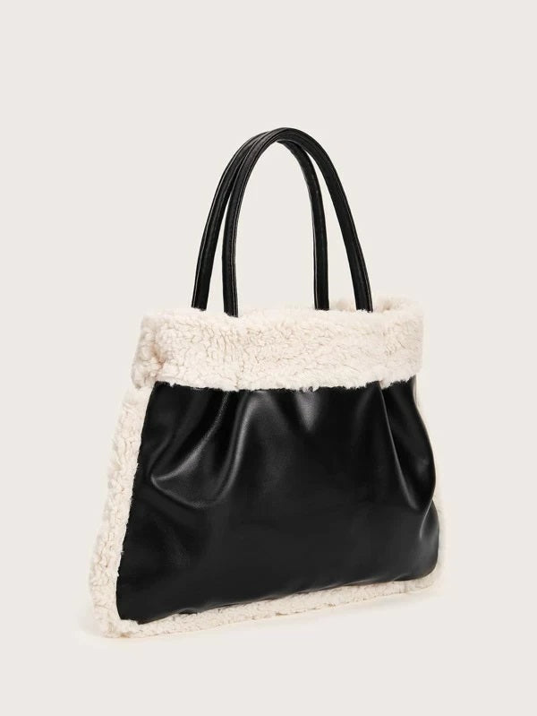 CM-BGS031110 Women Trendy Seoul Style Faux Fur Decor Satchel Bag - Black