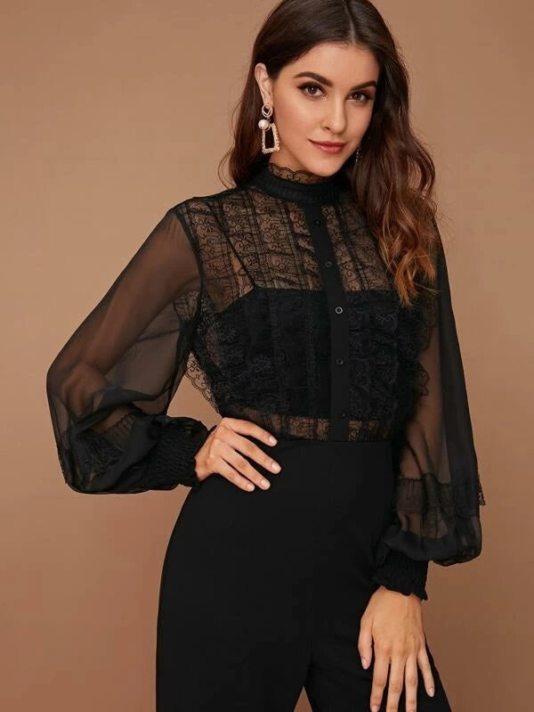 CM-JS101356 Women Elegant Seoul Style Sheer Balloon Sleeve Lace Bodice Jumpsuit - Black