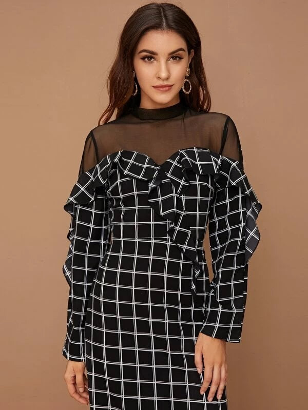 CM-DS102632 Women Elegant Seoul Style Long Sleeve Mesh Yoke Plaid Print Ruffle Trim Dress - Black
