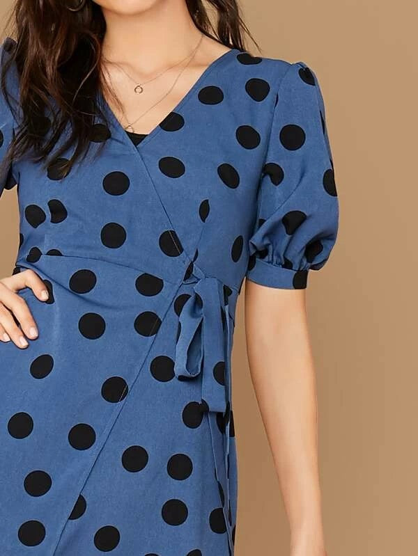 CM-DS009819 Women Casual Seoul Style Short Sleeve Surplice Wrap Knot Side Polka Dot Dress - Blue