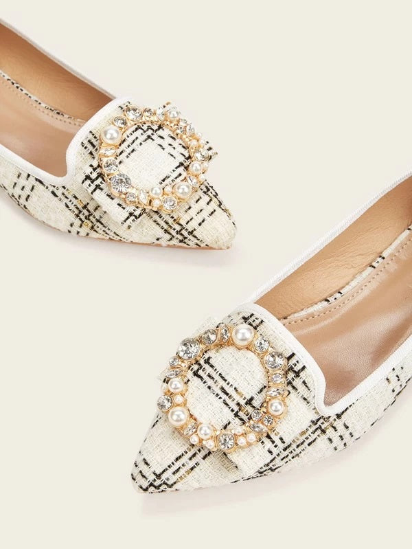 CM-SHS101489 Women Trendy Seoul Style Pearl And Rhinestone Decor Point Toe Flats - White