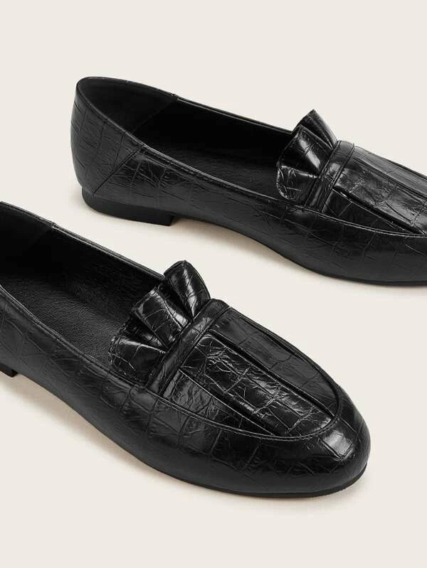 CM-SHS104972 Women Trendy Seoul Style Ruffle Decor Croc Embossed Flats - Black